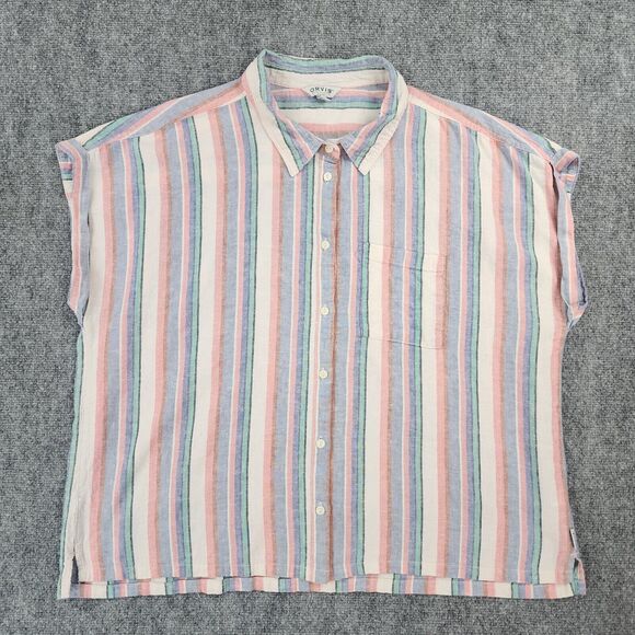 Orvis Top Womens XXL Colorful Stripe Linen Blend Short Sleeve Button Up Coastal - Picture 1 of 16